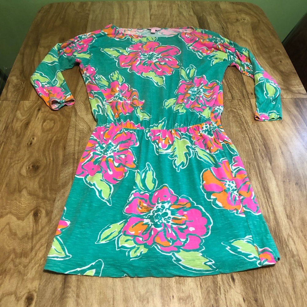 3/$40 Lilly Pulitzer Green Pink Long Sleeve Stretchy Dress Beach Floral Small